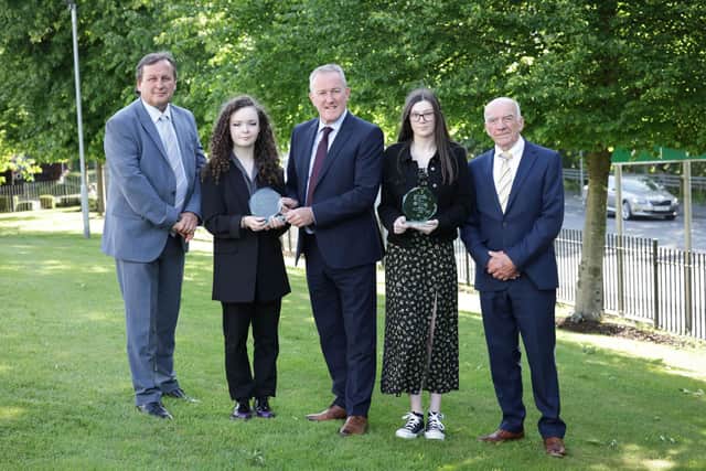 Chair of the Further Education Colleges Principals Group, Leo Murphy, NRC student Erin Maybin, Economy Minister Conor Murphy, SRC student Ava Hamill and SRC lecturer Henry Douglas