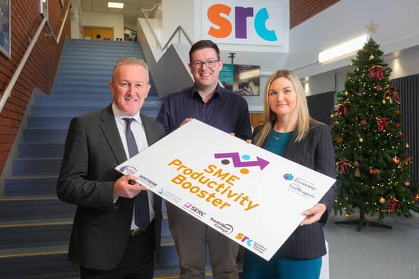 Economy Minister Conor Murphy pictured at the launch of the SME Productivity Booster at Southern Regional College’s Newry campus with James O’Neill of Rathbanna Ltd and Lee Campbell, Principal and Chief Executive of Southern Regional College.