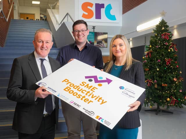 Economy Minister Conor Murphy pictured at the launch of the SME Productivity Booster at Southern Regional College’s Newry campus with James O’Neill of Rathbanna Ltd and Lee Campbell, Principal and Chief Executive of Southern Regional College.
