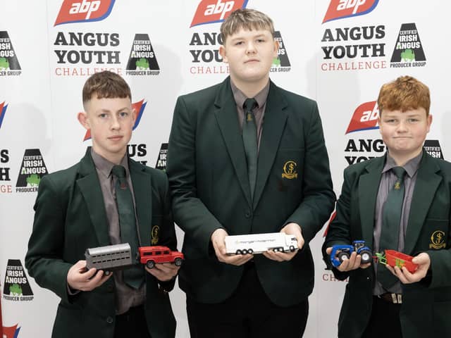 Pictured taking part in the 2024 ABP Angus Youth Challenge Exhibition for a place in the final of the competition is team 2 from St Joseph's High School, Crossmaglen pupils Ciaran Corrigan, James Lenagh and Liam Costantino.