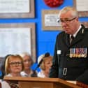 PSNI Chef Constable Jon Boutcher gives a reading at this afternoon’s service. Photo: Andrew McCarroll/ Pacemaker Press