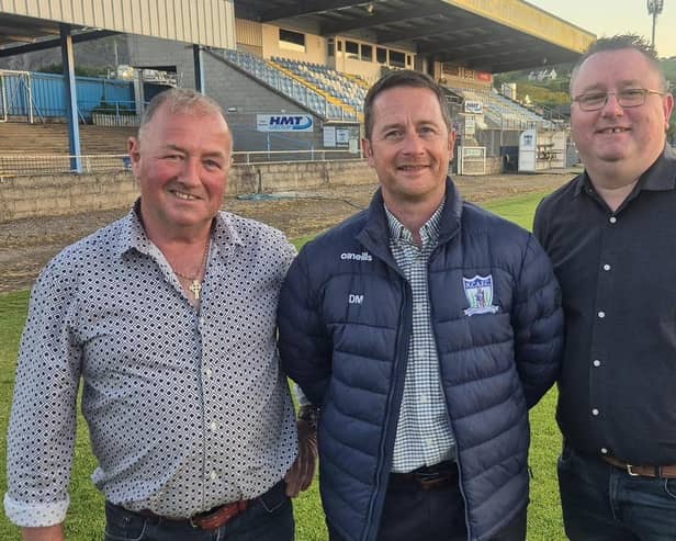 Outgoing Chairman Martin McLoughlin and incumbent Vice-Chairman Gary Wilson welcome Darren Mullen as the new Club Chairman of Newry City AFC.