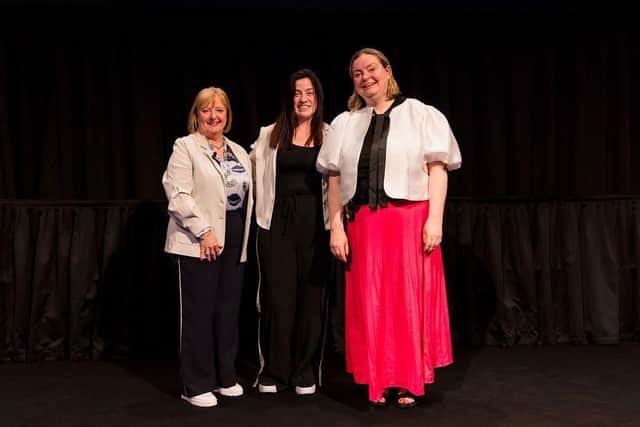 Elaine Patterson (Innovation and Entrepreneurship Programme Manager at InterTradeIreland), TechFoundHer Breakthrough Award winner Claire Brannigan (founder of Skinakin) and Máirín Murray (founder of TechFoundHer) at the TechFoundHer Summit 2025.