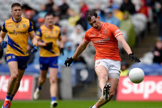 Armagh's Barry McCambridge drills home a goal against Roscommon in the All-Ireland quarter-final. Pic: Brendan Monaghan