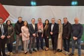 Speakers and organisers of ‘Saoirse don Phalaistín’ event, (L to R), Matt Carthy TD, Cllr. Oonagh Magennis, Cllr. Cathal King, Cllr. Sarah Duffy, Dáire Hughes, Mohammed Samaana, Cllr. Aoife Finnegan, Conor Murphy MLA, Cllr. Áine Quinn, Cathal Boylan MLA, Cllr. Declan Murphy.