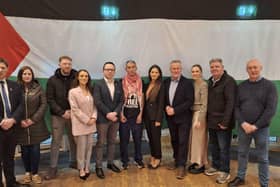 Speakers and organisers of ‘Saoirse don Phalaistín’ event, (L to R), Matt Carthy TD, Cllr. Oonagh Magennis, Cllr. Cathal King, Cllr. Sarah Duffy, Dáire Hughes, Mohammed Samaana, Cllr. Aoife Finnegan, Conor Murphy MLA, Cllr. Áine Quinn, Cathal Boylan MLA, Cllr. Declan Murphy.
