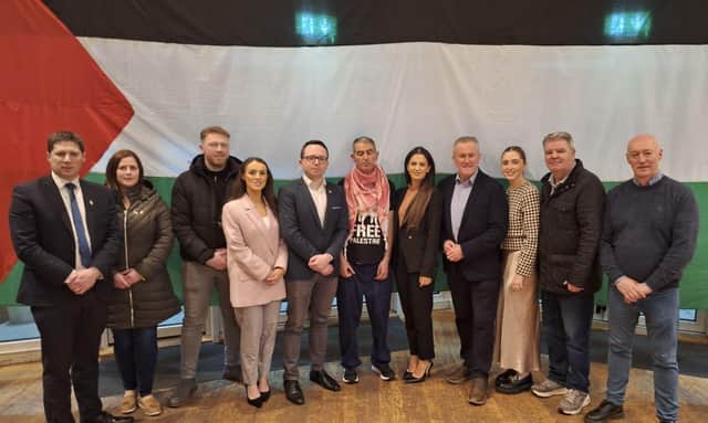 Speakers and organisers of ‘Saoirse don Phalaistín’ event, (L to R), Matt Carthy TD, Cllr. Oonagh Magennis, Cllr. Cathal King, Cllr. Sarah Duffy, Dáire Hughes, Mohammed Samaana, Cllr. Aoife Finnegan, Conor Murphy MLA, Cllr. Áine Quinn, Cathal Boylan MLA, Cllr. Declan Murphy.