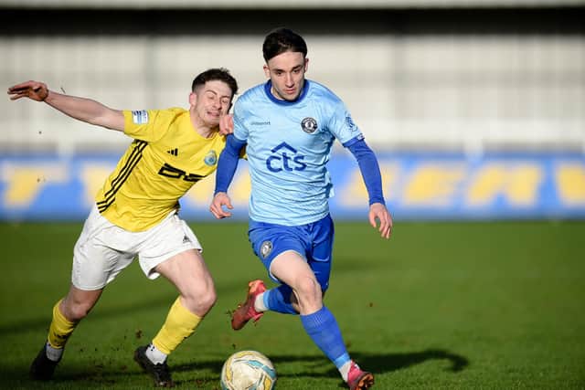 Michael Leddy, in action against Moyola Park, scored two goals during Warrenpoint's 3-0 victory away to Coagh. Pic: Brendan Monaghan