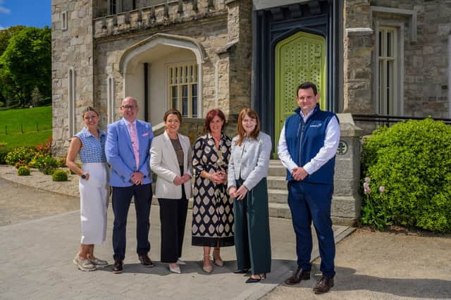(L-R) Event MC, Deborah Loughran, Chamber CEO, Michael Savage, Infrastructure Minister, Liz Kimmins MLA, Chamber President, Edwina Flynn, Economy Minister, Caoimhe Archibald MLA and Gary Sneddon, Key Account Manager at Event Sponsor, Power NI.