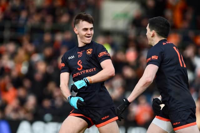 Darragh McMullen celebrates his second half goal against Derry. Pic: John Merry