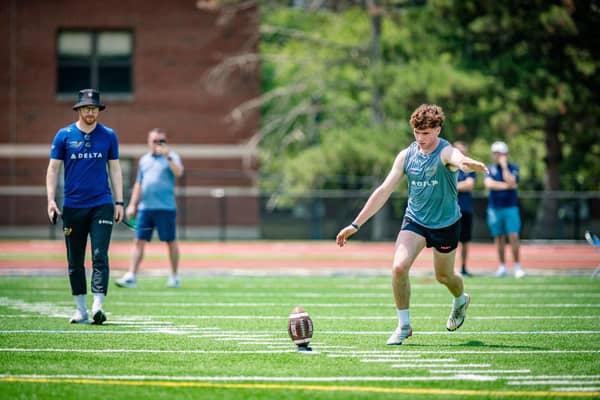 Mullaghbawn man Paddy McAteer pictured kicking an American football during his time in Ohio.