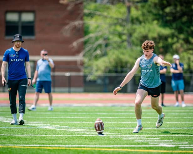 Mullaghbawn man Paddy McAteer pictured kicking an American football during his time in Ohio.