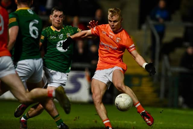 Armagh's Cian McConville rattles the net against Meath in the first half on Saturday evening. Pictures: John Merry