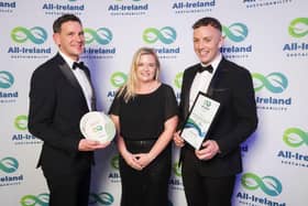 Gareth Black, Estate Butcher and  Jamie Curran, Estate Farmer at Killeavy Castle Estate, accepting the award for Sustainable Tourism and Hospitality Initiative of the Year from Award Sponsor Jac Callan, Senior Sustainability & Impact Manager at Visit Belfast.