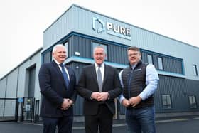 Alan McKeown, Executive Director of Business Growth, Invest NI, Economy Minister Conor Murphy and Pádraig Mallon, Chief Executive Officer, Pure Engineering Group.