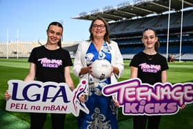 Ladies Gaelic Football Association President Trina Murray, centre, with Whitehall U14 ladies footballers Emma Thorp, left, and Aisling Noonan pictured at Croke Park as the LGFA launches its new ‘Teenage kicks’ app. Pic: Ben McShane/Sportsfile