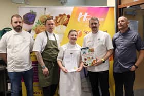 Pictured is FutureChef winner Lubo Mulkerns from St Paul’s High School with the four judges. Pictured (L-R): Darragh Dooley, Executive Head Chef at Killeavy Castle Estate, John Clark, Head Chef at Slieve Donard, Geoff Baird, Executive Development Chef for Henderson Foodservice and Ciaran Sansome, Head Chef at the Seagoe Hotel.