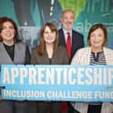 St Paul’s High School in Bessbrook has been awarded funding of up to £100,000 under the Department for the Economy’s Apprenticeship Inclusion Challenge Fund to deliver a pilot project to help more people with disabilities into apprenticeships. Pictured with Economy Minister Dr Caoimhe Archibald at the announcement of successful projects under the fund are Marion McMahon, Specialist Provision in Mainstream Setting Lead, St Paul’s High School, Dáithí Murray, Principal of St Paul’s High School and Allison Slater, Head of Operations & Development, Bolster Community.