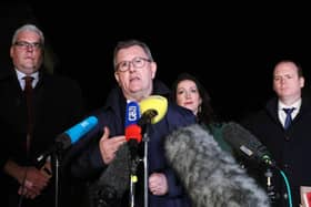 DUP leader Sir Jeffrey Donaldson (centre) at Hillsborough Castle this year with party colleagues Gavin Robinson, Emma Little Pengelly and Gordon Lyons during talks with the five main parties and the Secretary of State. 
Picture by Jonathan Porter/PressEye