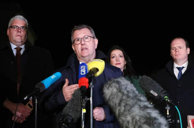 DUP leader Sir Jeffrey Donaldson (centre) at Hillsborough Castle this year with party colleagues Gavin Robinson, Emma Little Pengelly and Gordon Lyons during talks with the five main parties and the Secretary of State.
Picture by Jonathan Porter/PressEye