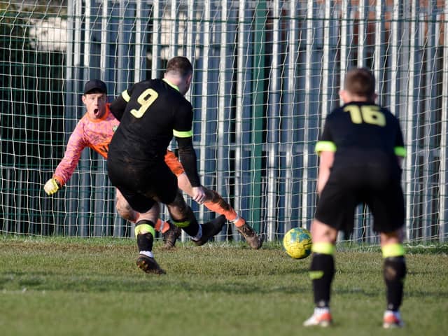 Neil Barr fires home a late penalty against Newry Celtic at Dromalane on Saturday Picture: Brendan Monaghan