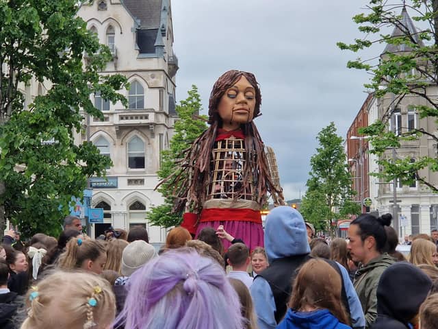 Crowds came out to see Little Amal on Hill Street in Newry.