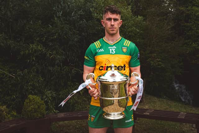 Donegal captain Paddy McBrearty pictured with the Anglo Celt Cup.