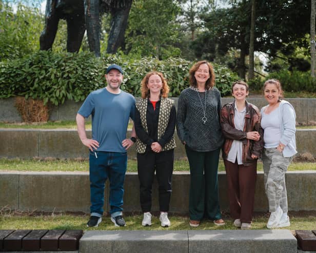 Patrick McBrearty, Alice Malseed, Paula McFetridge, Holly Hannaway and Mary Moulds at the launch of Three Pay Days, a new play from Kabosh which premieres at EastSide Arts Festival on July 31 before performances at Féile an Phobail on August 2 and the Playhouse, Derry on August 3. Photo by Johnny Frazer