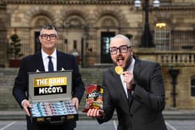 PAIR OF BANKERS: Northern Ireland snack lovers could enjoy a credit ‘crunch’ with a difference by making a ‘crisp cash’ withdrawal from the Bank of McCoy’s over the next two months. As the cost of living continues to soar, the UK’s number one ridged crisp McCoy’s is giving shoppers the chance to unlock a £100,000 prize vault – with instant cash prizes of up to £1,000 available on-pack – while local retailers can also cash in with a separate £50,000 prize vault dedicated just for them.  Lots of free stock and packs of McCoy’s crisps are also up for grabs by scanning an on-pack QR code and entering a unique code.  Launching the campaign, which runs from now until April 13, are McCoy’s bankers Ricky Watts (left) and John Baxter of KP Snacks (NI) Ltd, McCoy’s parent company.