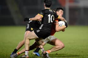 Down pair Tom Close and James Guinness in action against Armagh in the last round of the McKenna Cup at the Athletic Grounds. Picture: Brendan Monaghan BM01