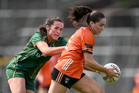Emily Druse of Armagh in action against Marion Farrelly of Meath during the TG4 All-Ireland Ladies Football Senior Championship Round 1 match between Meath and Armagh at Páirc Tailteann in Navan, Meath. Pic: Ben McShane/Sportsfile