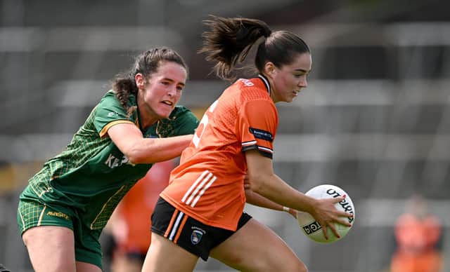 Emily Druse of Armagh in action against Marion Farrelly of Meath during the TG4 All-Ireland Ladies Football Senior Championship Round 1 match between Meath and Armagh at Páirc Tailteann in Navan, Meath. Pic: Ben McShane/Sportsfile