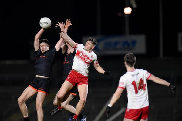 Armagh's Michael McSorley battles for a high ball at the Athletic Grounds on Wednesday night Pictures: Brendan Monaghan