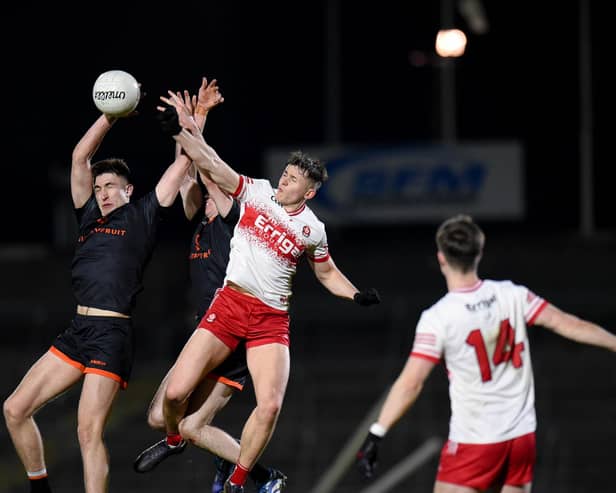 Armagh's Michael McSorley battles for a high ball at the Athletic Grounds on Wednesday night Pictures: Brendan Monaghan