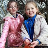 Matylda Maginn (left) and Aisling Nic Mhathúna from Bunscoil an Iúir check out the new temporary community space in the Newry City Park site, opened following funding by the Department for Communities.