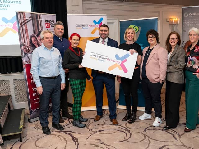 L-R Eammon Brankin, Digital IT; Alan McEneaney, PayPal; Tina Calder, Excalibur Press; Cllr Alan Lewis, Chairperson of Enterprise, Regeneration and Tourism Committee; Diana Atchinson, Bring IT On; Emer Maguire MC; Kytrina Mullan and Patricia McPolin, Newry, Mourne and Down Labour Market Partnership.