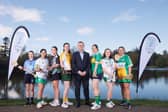 Group picture L-R: Cliona Ní Chionnaith (Westport), Niamh Bellew, (Derrylaughan, Kevin Barry’s Club), Mollie O’Hanlon (St Enda’s, Omagh), Marie Greenan (Clontibret Seniors), Davina Bolger (Tourlestrane Seniors), Jemma Feehan (Newry Shamrocks) and Jenna Taggart (Michael Davitts) alongside President of the Camogie Association, Brian Molloy. Pic: ©INPHO/Tom Maher