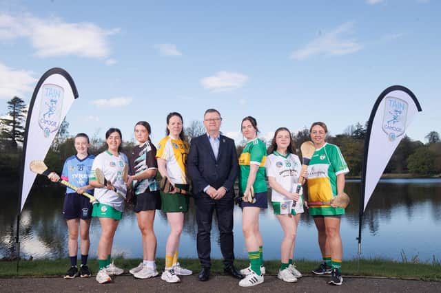 Group picture L-R: Cliona Ní Chionnaith (Westport), Niamh Bellew, (Derrylaughan, Kevin Barry’s Club), Mollie O’Hanlon (St Enda’s, Omagh), Marie Greenan (Clontibret Seniors), Davina Bolger (Tourlestrane Seniors), Jemma Feehan (Newry Shamrocks) and Jenna Taggart (Michael Davitts) alongside President of the Camogie Association, Brian Molloy. Pic: ©INPHO/Tom Maher