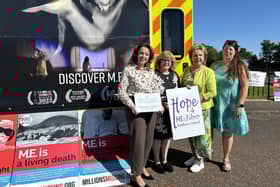 Liz Kimmins MLA, Linda Campbell (chair, Hope 4 ME & Fibro), Joan McParland MBE (Hope 4 ME & Fibro founder) and Eilidh Gilmore (Parent Rep Trustee)
