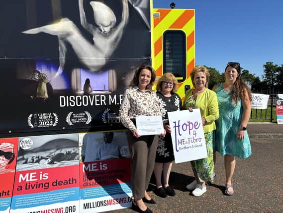 Liz Kimmins MLA, Linda Campbell (chair, Hope 4 ME & Fibro), Joan McParland MBE (Hope 4 ME & Fibro founder) and Eilidh Gilmore (Parent Rep Trustee)