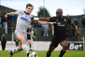 Newry's Lorcan Forde takes on Glentoran's Fuad Sule. Pic: Brendan Monaghan