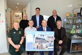 Prof. Michael McBride N.I. Chief Medical Officer visits the Well-Bean Cafe back row l-r Kiera Lavery Unscheduled Care Lead Southern Trust, Eoin Duffy Chair PIPS Hope and Support, Colin Loughran Manager Action Mental Health New Horizons, front row l-r Chris Clarke Manager N.I. Ambulance Service, Seamus McCabe CEO PIPS Hope and Support, Prof Michael McBride and Ryan Duffy PSNI. INNR0419