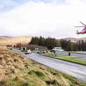 The air ambulance takes off following a road traffic collision on the Kilkeel Road, Hilltown. Photo by Press Eye