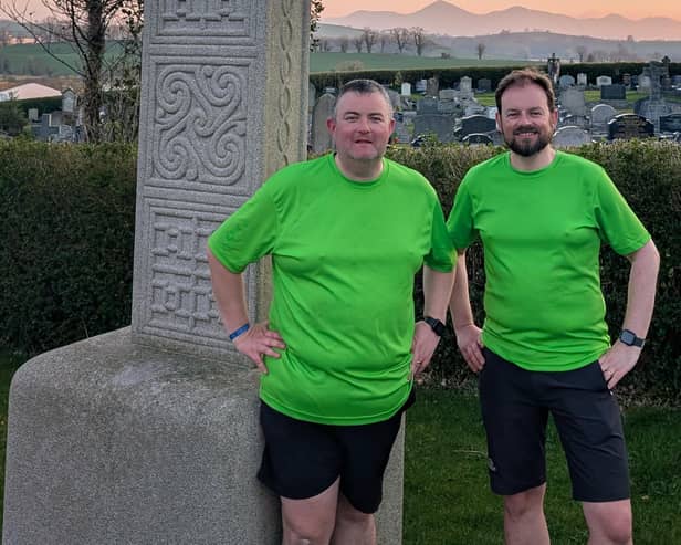 Timothy Wilson & Rev Peter Munce at St Patrick's Cross at Down Cathedral.