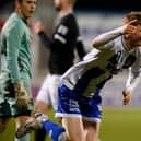 Newry City striker Ryan McNickle celebrates scoring against Bangor.