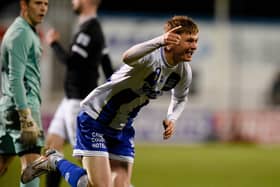 Newry City striker Ryan McNickle celebrates scoring against Bangor.