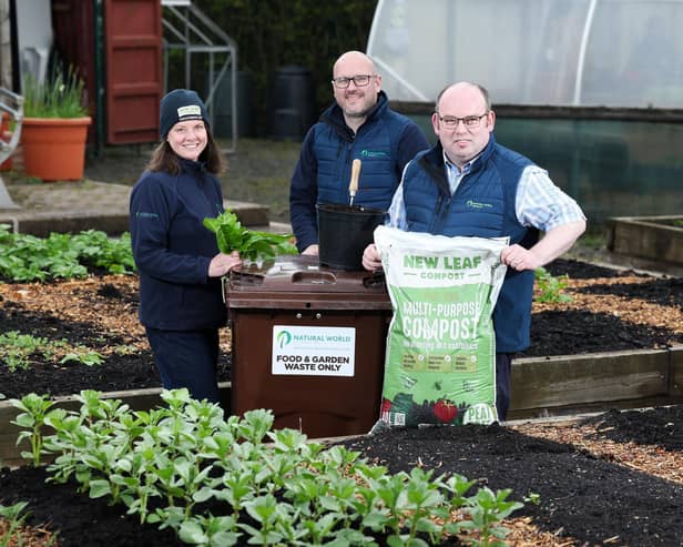 (L-R) Sharon McMaster, Community Growing & Outreach Manager at NWP, Niall McMullan, Health & Safety Manager at NWP and Peter Summerton, Chief Operating Officer at NWP announcing that the leading organics recycling company is marking International Compost Awareness Week (ICAW) by partnering with local councils to provide householders with free compost.