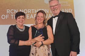 Pictured (L-R) are: Rita Devlin, Executive Director, RCN Northern Ireland, Kelly Forbes who has won the RCN Northern Ireland Nurse of the Year Award 2025, and Health Minister, Mike Nesbitt.