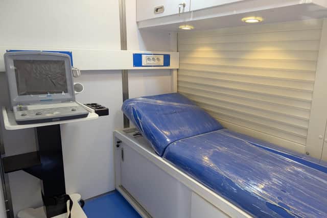 Inside the mobile maternity clinic.