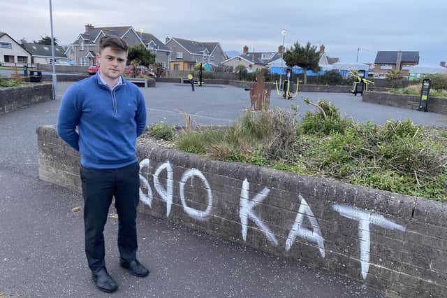 Cllr Michael Rice beside the graffiti in Kilkeel.